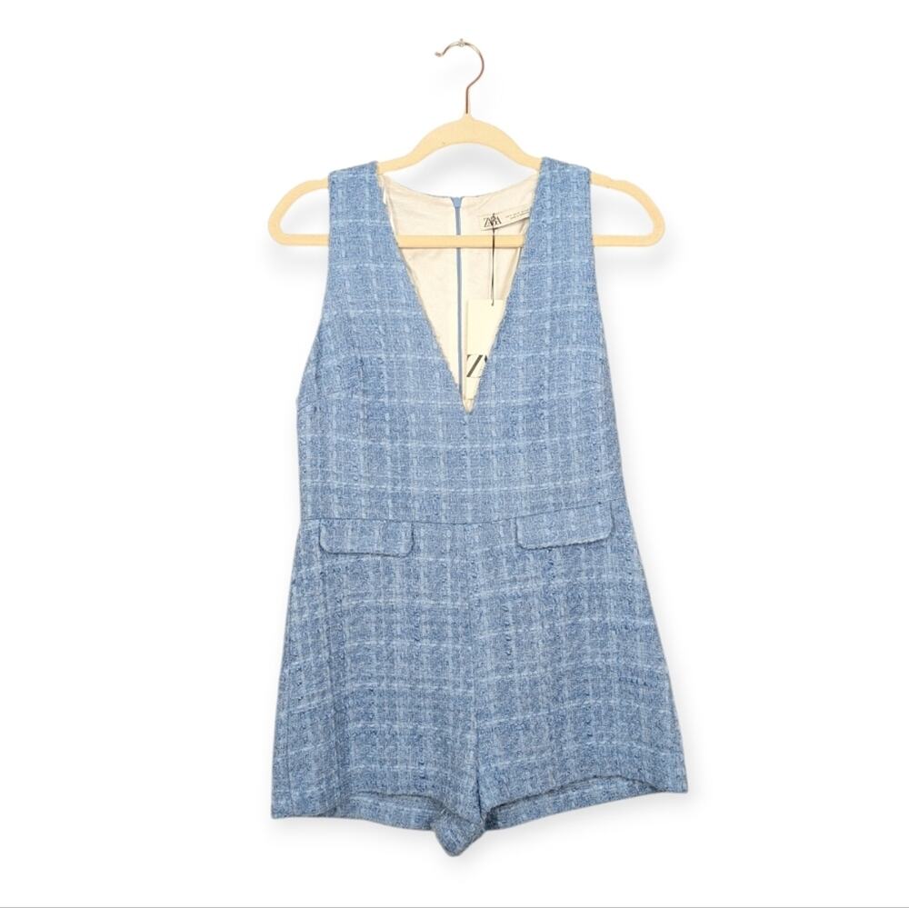 ZARA Romper S Blue Textured Woven Sleeveless V Neck Casual Summer NWT